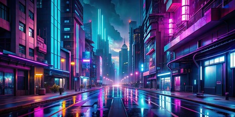 Wall Mural - Futuristic cyberpunk cityscape with neon lights on empty street at night, futuristic, cyberpunk, city, cityscape, neon lights