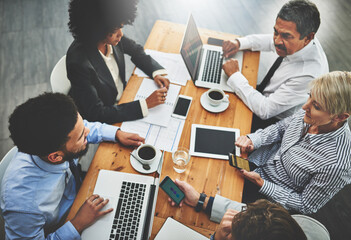 Aufkleber - Company, meeting and laptop for people, talking and research for startup, online and top view of team. Collaboration, discussion and internet for report in boardroom, auditor and phone for planning