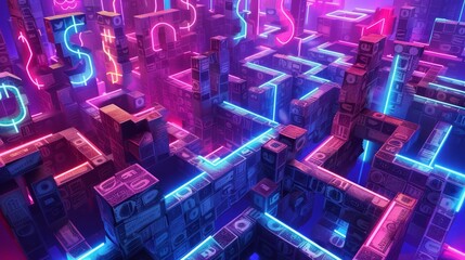 Wall Mural - Neon-lit maze with cascading dollar and euro symbols showing prosperity backdrop