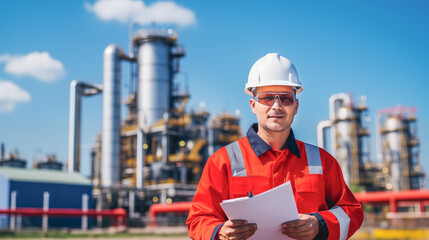 Civil engineer at petrochemical plant, holding site plans, in red and yellow safety gear, bright daylight