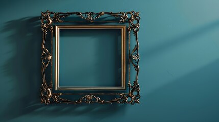 Aufkleber - Vintage openwork bronze metal frame on a blue wall background empty picture frame mockup : Generative AI