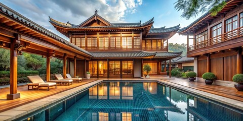 Wall Mural - Elegant wooden house with a Chinese-inspired design and a beautiful pool , Chinese, elegant, wooden, house, pool
