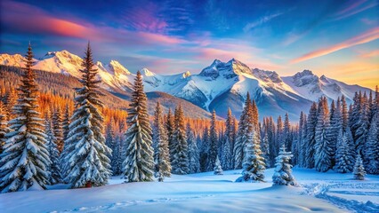 Wall Mural - Colorful of snow-covered winter mountains with pine trees and a clear blue sky, winter, mountains, snow, pine trees, colorful