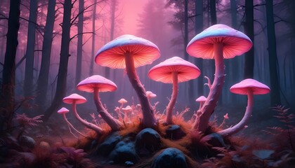 Wall Mural - Surreal pink forest of glowing mushrooms fungus toadstools background header banner design poster