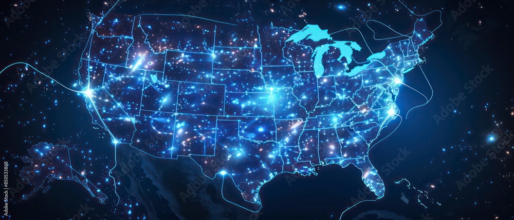A modern US map showcasing glowing blue lines that intricately connect ...