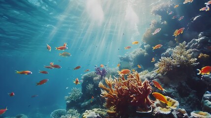 Canvas Print - Diving shot picturesque seascape of an underwater fantastic coral reef with colorful tropical fish Beautiful living coral gardens and lots of fish swim and feed in the clear transparen : Generative AI