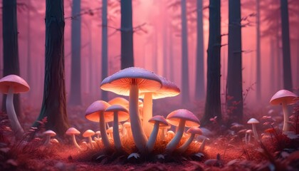 Wall Mural - Surreal magical forest of glowing mushrooms fungus toadstools background header banner design poster