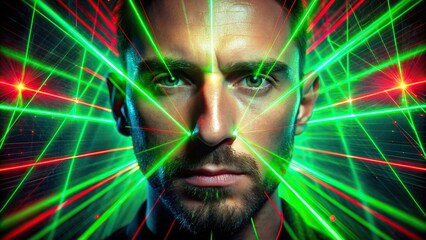 Wall Mural - A man's face surrounded by vibrant green and red lasers, creating a surreal visual effect, laser, surreal, vibrant, green, red