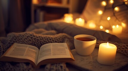 Cup of tea with paper open book and burning scented candles on marble table over cozy chair and glowing lights in bedroom closeup Winter holiday season : Generative AI