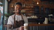 © Generative AI - Smiling male owner wearing apron holding coffee cup at cafe : Generative AI
