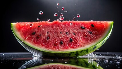 Wall Mural - Juicy watermelon slice with water droplets on black background, watermelon, slice, juicy, refreshing, fruits