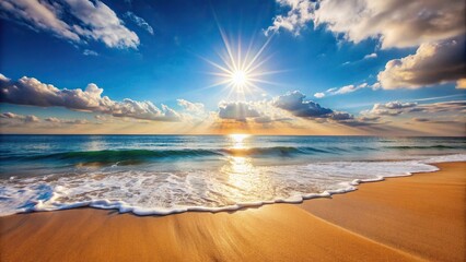 Wall Mural - Sun shining over calm ocean on sandy beach, sun, shining, ocean, beach, serene, tranquil, clear sky, waves, sunlight