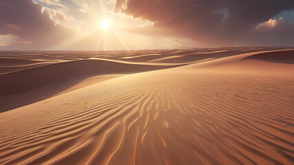 Canvas Print - close up desert sand dunes field with rays of sunlight, lots of clouds,4k, art nouveau style, sunset colours, very detailed