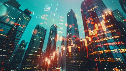 Fototapete - Real estate development and investing concept with financial chart indicators and stock market graphs on city skyscrapers tops bottom view double exposure : Generative AI