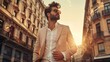 © Generative AI - Handsome confident stylish hipster lambersexual modelSexy modern man dressed in elegant beige suit Fashion male posing in the street background in Europe city at sunset In sunglasses : Generative AI