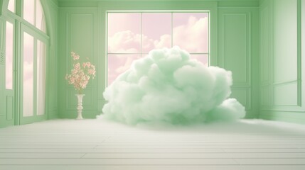 Fluffy cloud flying in the pastel green colored interior.