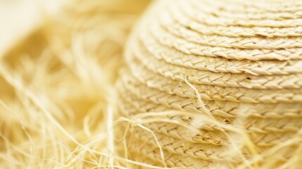 Poster - Detailed view of a straw hat, tightly woven strands, pale yellow, soft daylight. 