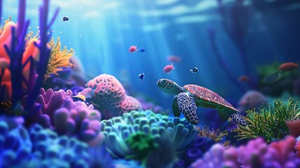 Wall Mural - Image for 3d floor Underwater world Turtle corals : Generative AI