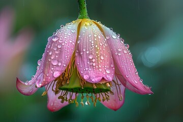 Poster - A pink lotus bud hangs upside down, with dewdrops on its petals and a green blurred background