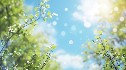 Poster - Beautiful blurred background image of spring nature with surrounded by trees against a blue sky with clouds on a bright sunny day : Generative AI