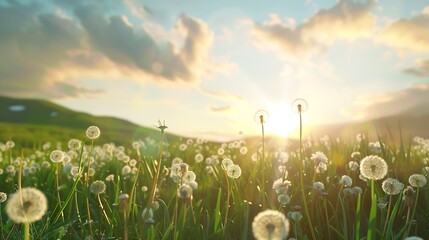 Canvas Print - dandelion field in rural landscape at sunrise beautiful nature scenery with blooming weeds in morning light clouds on the sky above the distant mountain : Generative AI