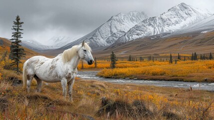 A majestic white horse standing in a beautiful autumn landscape with snowy mountains and a river in the background.