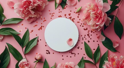 Wall Mural - Pink Peonies and White Circle on Pink Background With Confetti