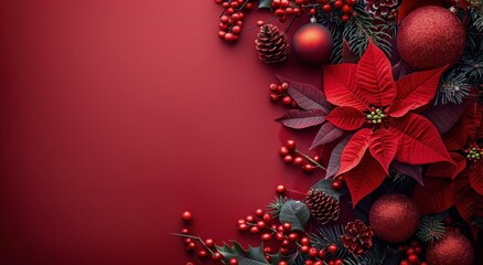 Red Poinsettia And Christmas Decorations On Red Background