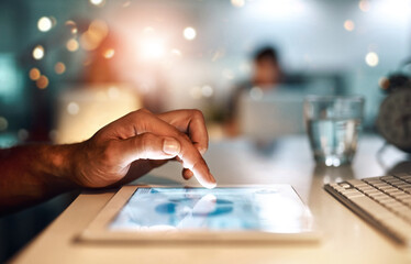 Leinwandbilder - Tablet, hand and planning with screen, research and person programming on desk in office. Information technology, developer and digital touchscreen, bokeh and software development in workplace