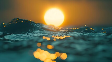 Poster - Bright sunset with large yellow sun under the sea surface : Generative AI
