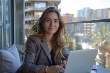 Sticker - Business woman, writing and portrait on balcony with laptop for work as Market Research Analyst for agency