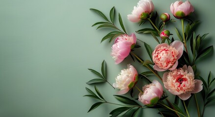 Wall Mural - Pink Peonies and Green Leaves on a Mint Green Background