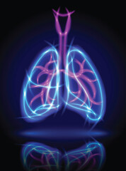 Wall Mural - Human lung illustration consists of glowing watercolor and purple curves on a dark blue background with glowing intersections, medium in modern technology.