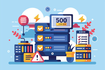 Canvas Print - A colorful illustration depicts a 500 internal server error with various server racks, a warning sign, and other icons, 500 internal server error Customizable Semi Flat Illustration