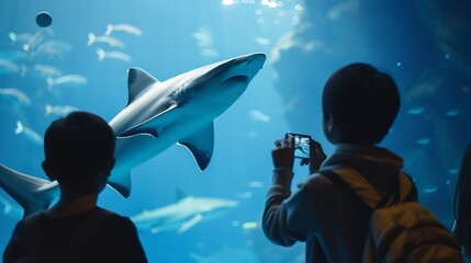 Poster - Gazing thru the glass panel of a giant aquarium in Pingtung Taiwan tourists get amazed by the scene of huge sharks swimming among the beautiful marine fish in the mysterious under wate : Generative AI