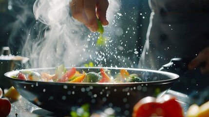 Cooking fresh vegetables The chef adds salt to a steaming hot pan Grande cuisine idea for a hotel with advertising space : Generative AI