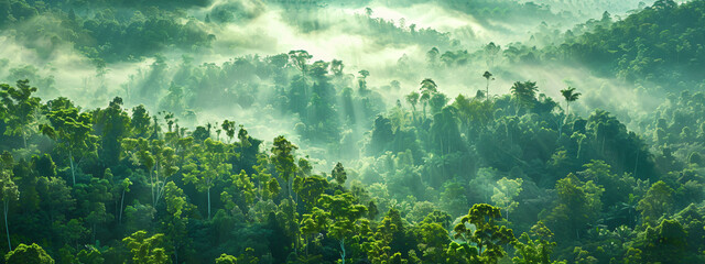 Wall Mural - Misty forest landscape with trees in the morning light. Panoramic view of a green jungle in nature with a foggy atmosphere.