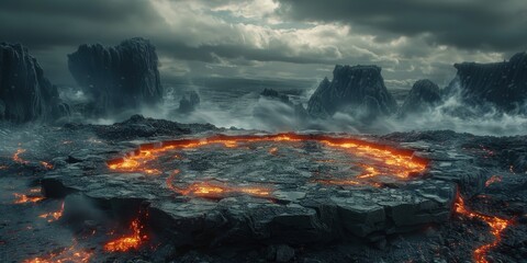 Volcanic Landscape with Glowing Lava and Dramatic Skies
