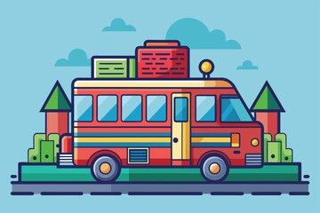 Sticker - A simple, colorful illustration of a red bus with luggage on the roof, driving on a sunny day, Add color Customizable Semi Flat Illustration