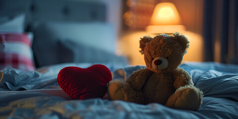  A brown teddy bear with a red heart sits on a bed with blue and white sheets.