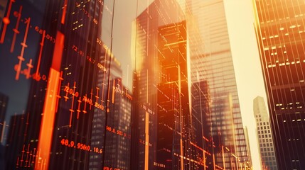 Fototapete - Forex trade market and development concept with growing digital candlestick and indicators on sunny skyscrapers background Double exposure : Generative AI