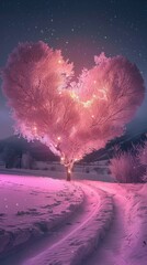 Wall Mural - heart-shaped tree, branches, pink snow, night sky, warm yellow light, winding path, highly detailed, high quality, 8K, high resolution 