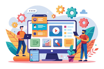 Two developers are working together to design a customizable app on a desktop computer, App development Customizable Flat Illustration