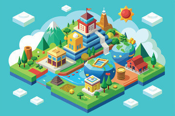 Sticker - A vibrant isometric illustration of a city with various buildings, mountains, a river, and a globe, Around the world Customizable Isometric Illustration