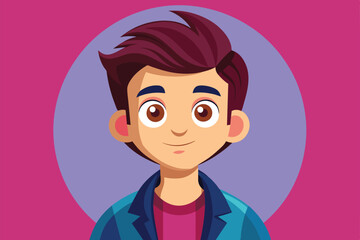 Canvas Print - Cartoon of boy with brown hair, pink shirt, blue jacket on pink background with purple circle, Attached files Customizable Cartoon Illustration