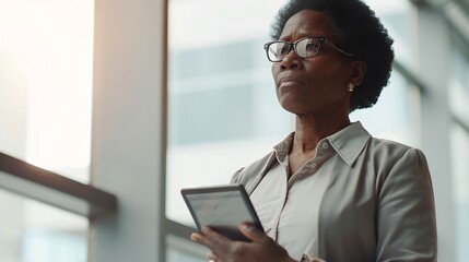 Aufkleber - Business black woman and tablet in office focus and digital planning for growth startup and sales Corporate African American female employee and manager with device idea and website la : Generative AI