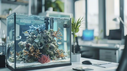 Poster - Workplace in the office over background of the aquarium : Generative AI