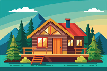 Poster - A semi-flat illustration of a customizable cabin set in a forest with mountains in the background, Cabin Customizable Semi Flat Illustration