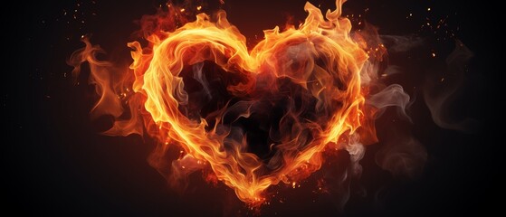 Wall Mural - Burning heart shape in the fire isolated on dark background