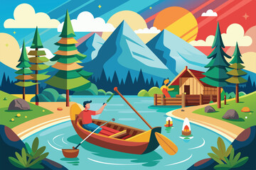 Poster - A man enjoys a peaceful canoe ride on a clear lake with towering mountains in the background, Canoeing Customizable Disproportionate Illustration